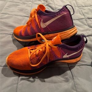 Nike Women's Flyknit Lunar 2 Vibrant Orange and Purple Running Shoes